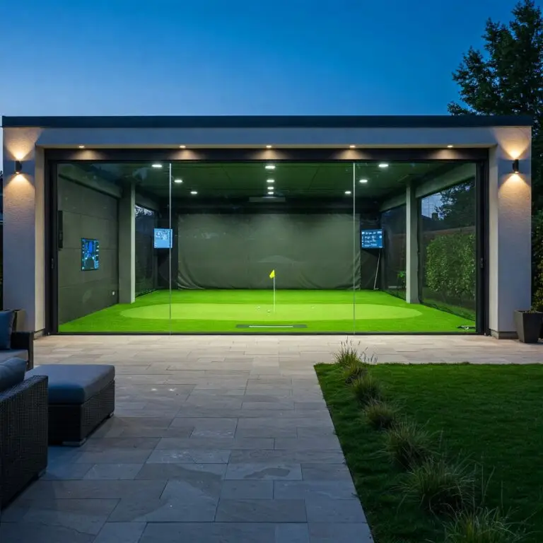 Outdoor golf simulator. Grey concrete and a glass window. Green in the middle of the structure.