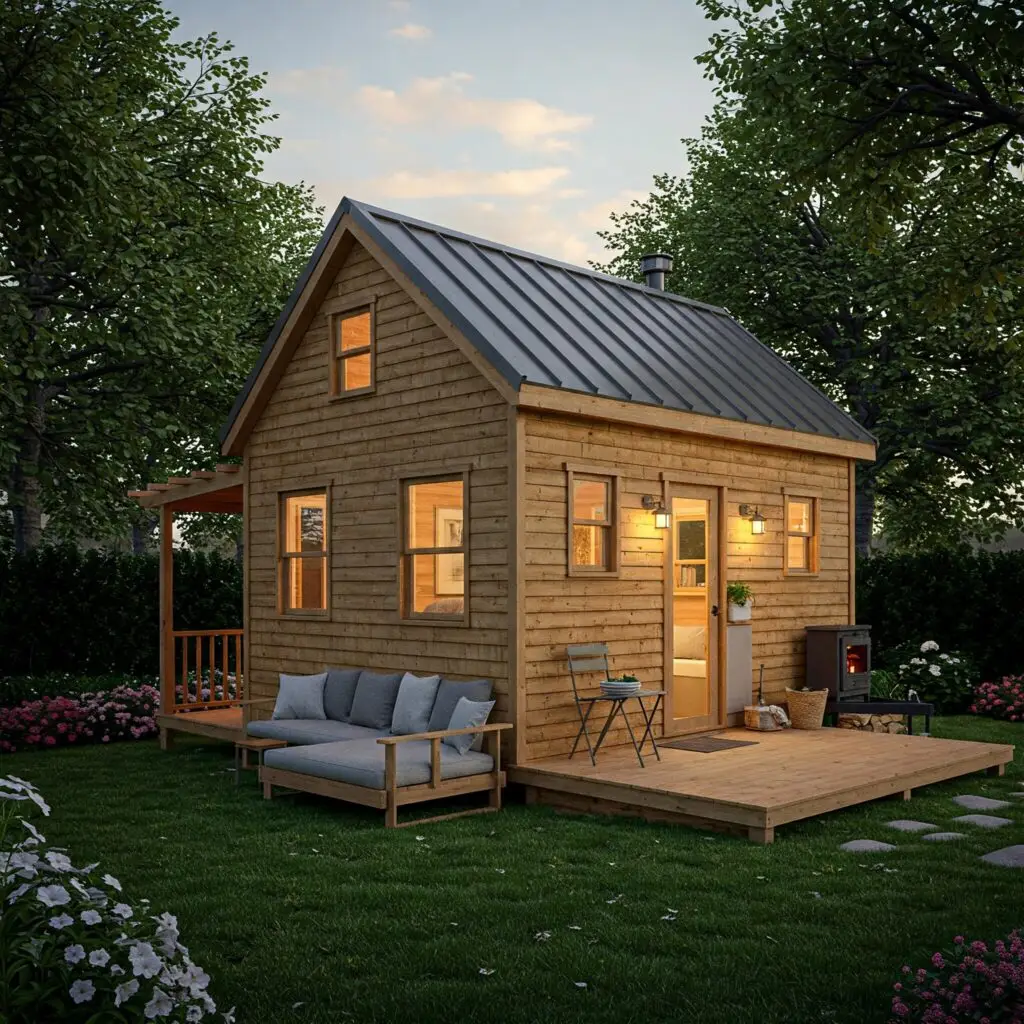 Model of a small wooden house. There is a wooden deck with chairs around them.