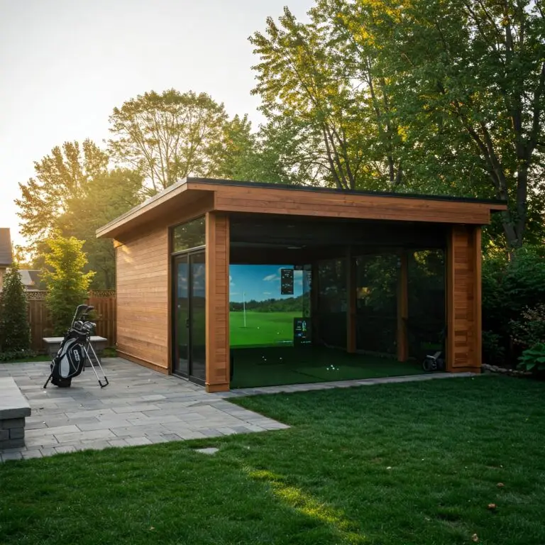 Model of an outdoor golf simulator. This is a wooden structure with clubs outside.