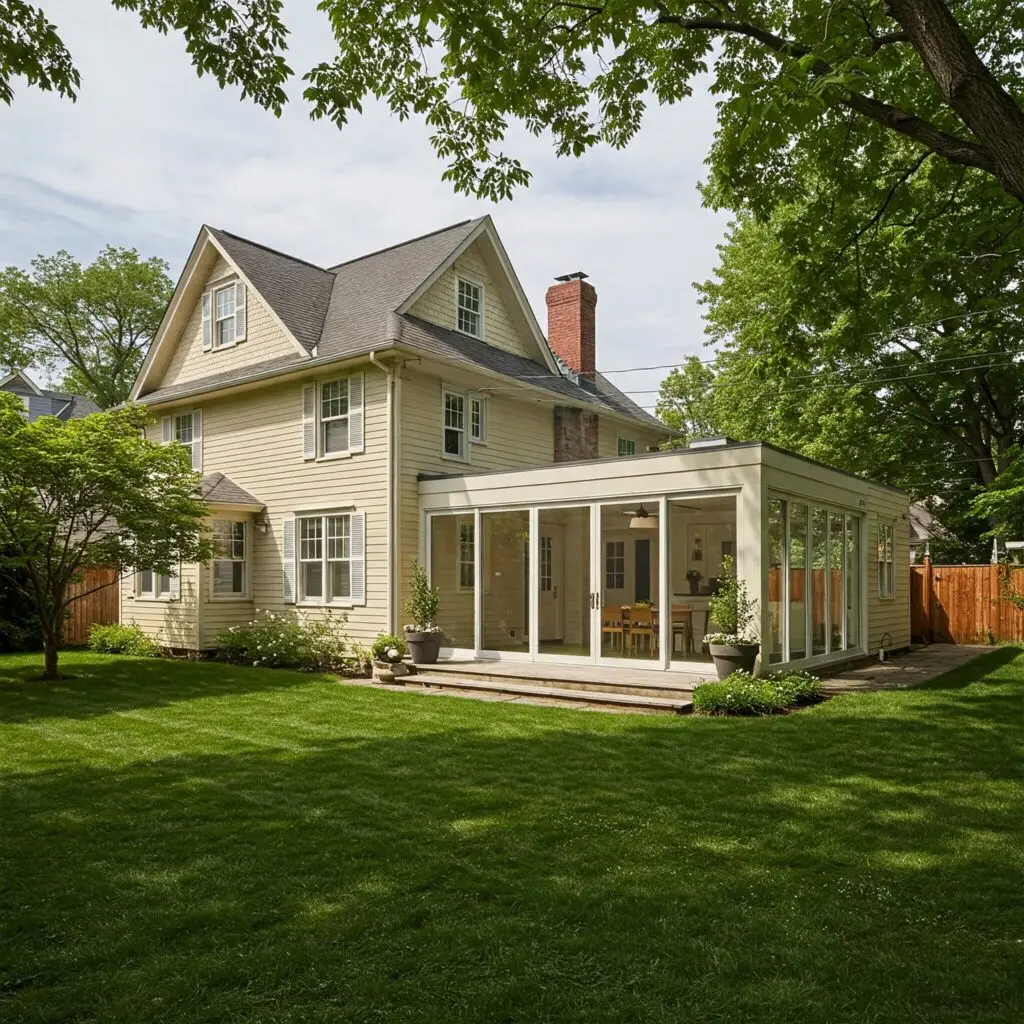 Model of a house addition. White house with a wooden and glass extension.