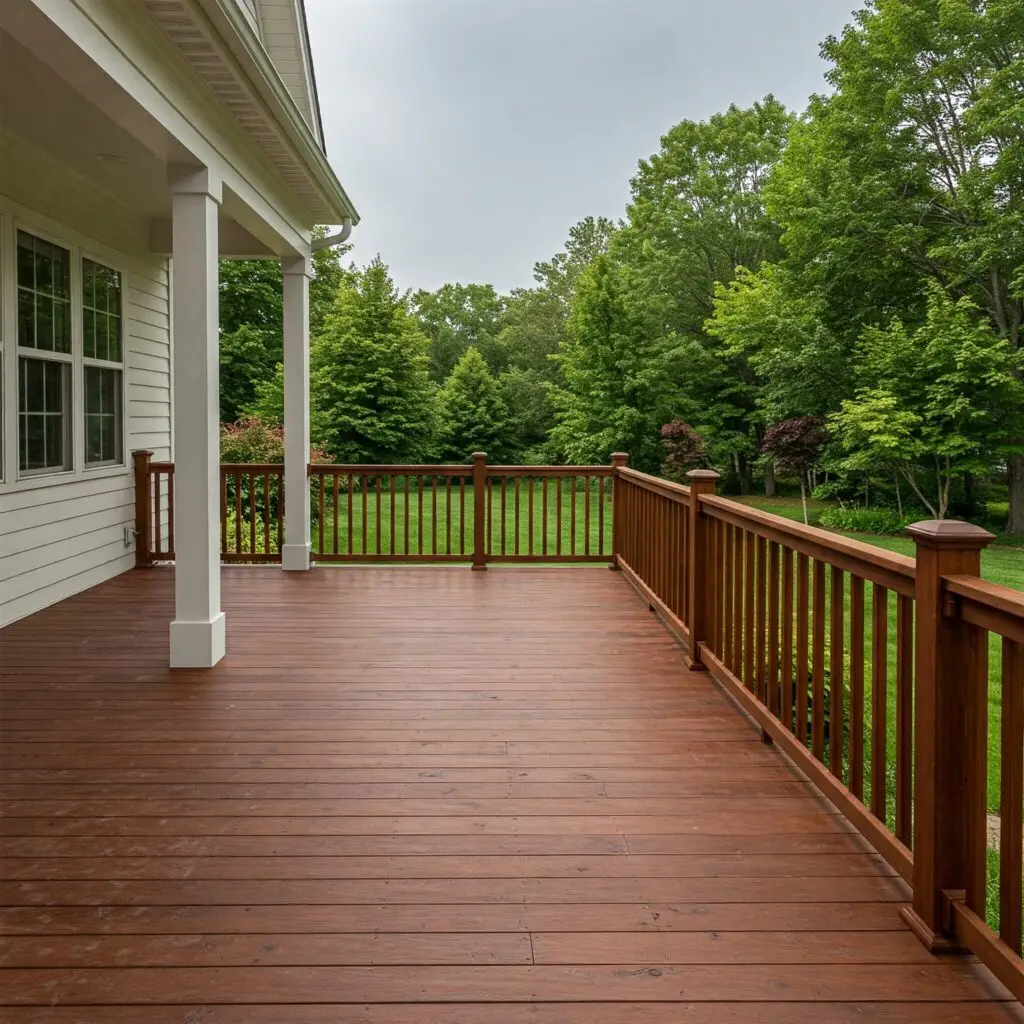 A brown backyard deck. A White House with a green lush backyard.